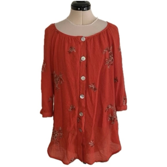 LAST CALL Anthropologie Fig and Flower Boho Top Size 1X Orange Floral Embroidery - Picture 1 of 11